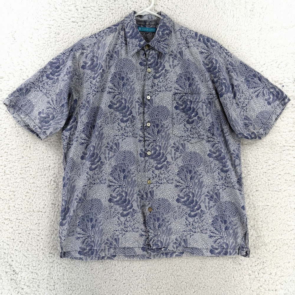 Tori Richard Shirt Mens Medium Blue Floral Hawaiian Short Sleeve Button Up USA
